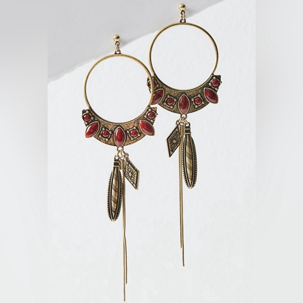 New Free People Winona Hoops Dangling Boho Earrings in Brass Red Jasper